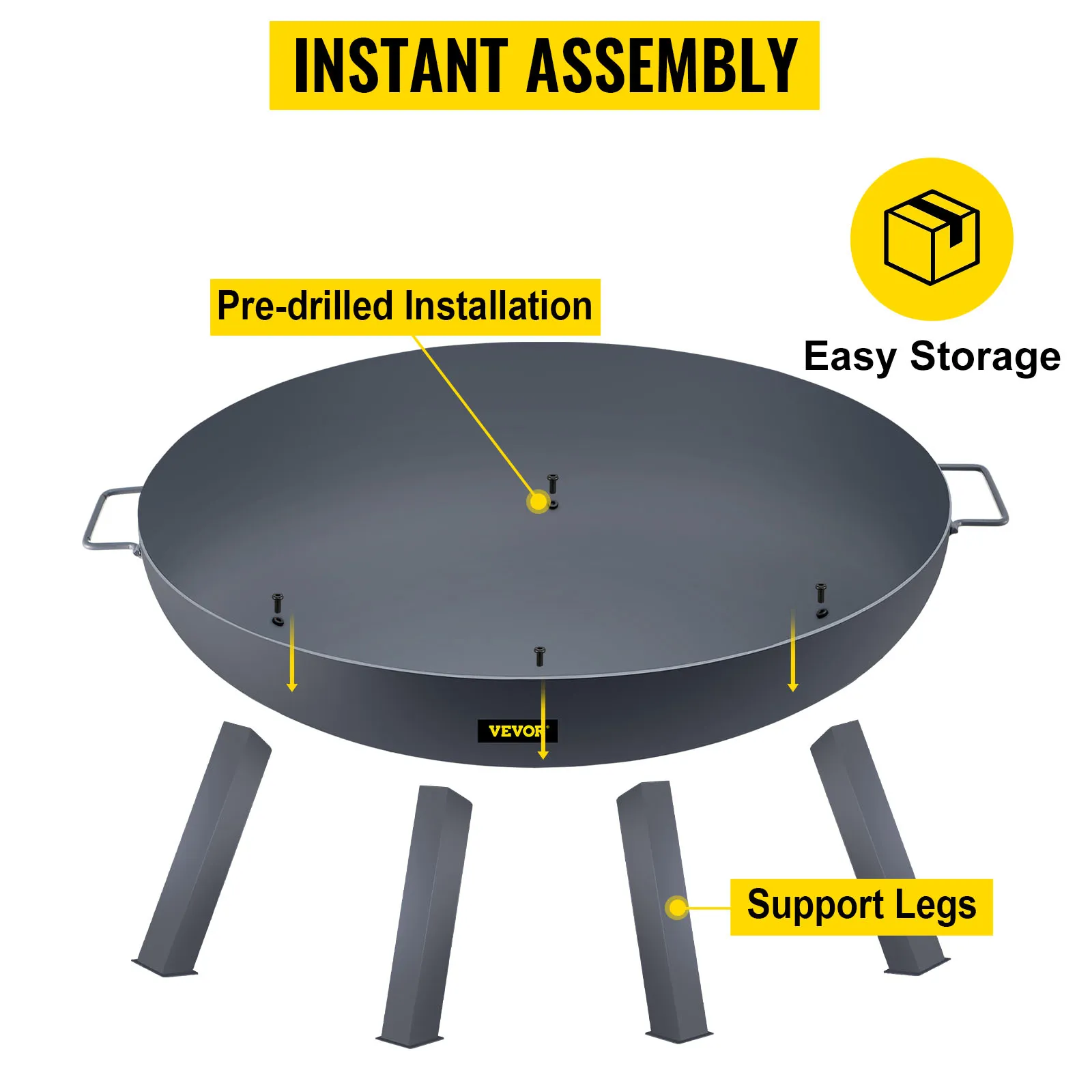VEVOR fire pit bowl with pre-drilled installation and support legs for easy storage.