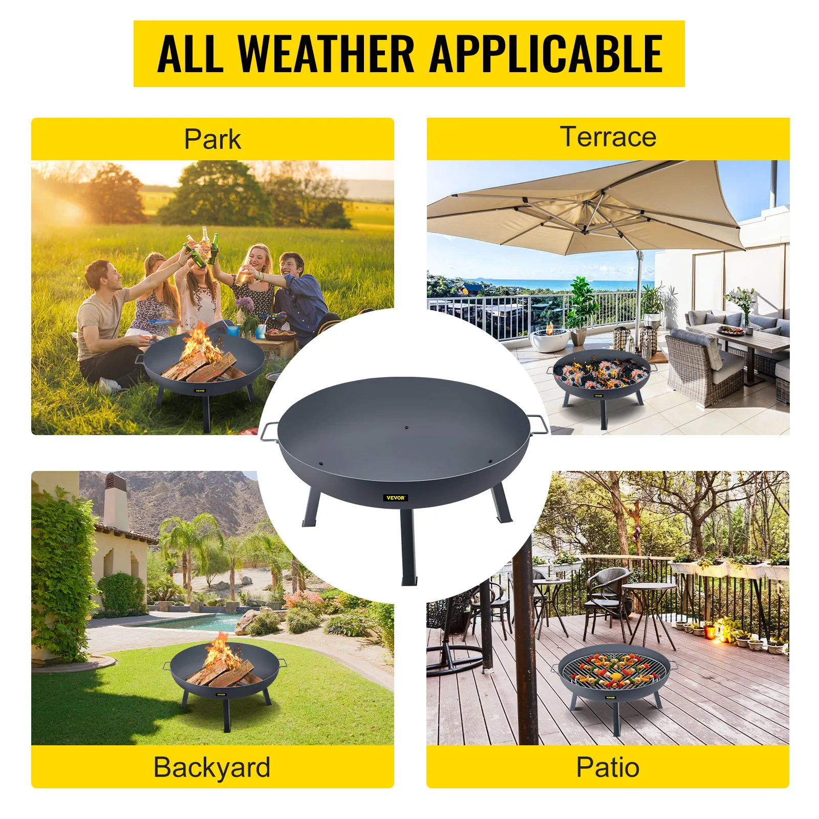 VEVOR fire pit bowl versatile for park, terrace, backyard, and patio use. all weather applicable.