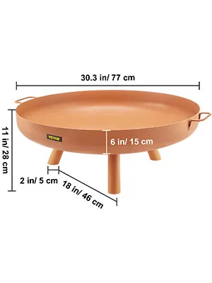 VEVOR fire pit bowl with dimensions: 30.3 in x 11 in x 18 in, and 2 in legs.