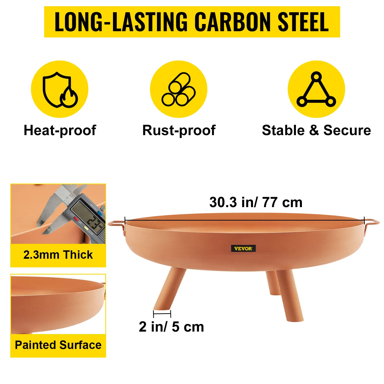 VEVOR fire pit bowl, 30.3 inches, heat-proof, rust-proof, stable carbon steel.