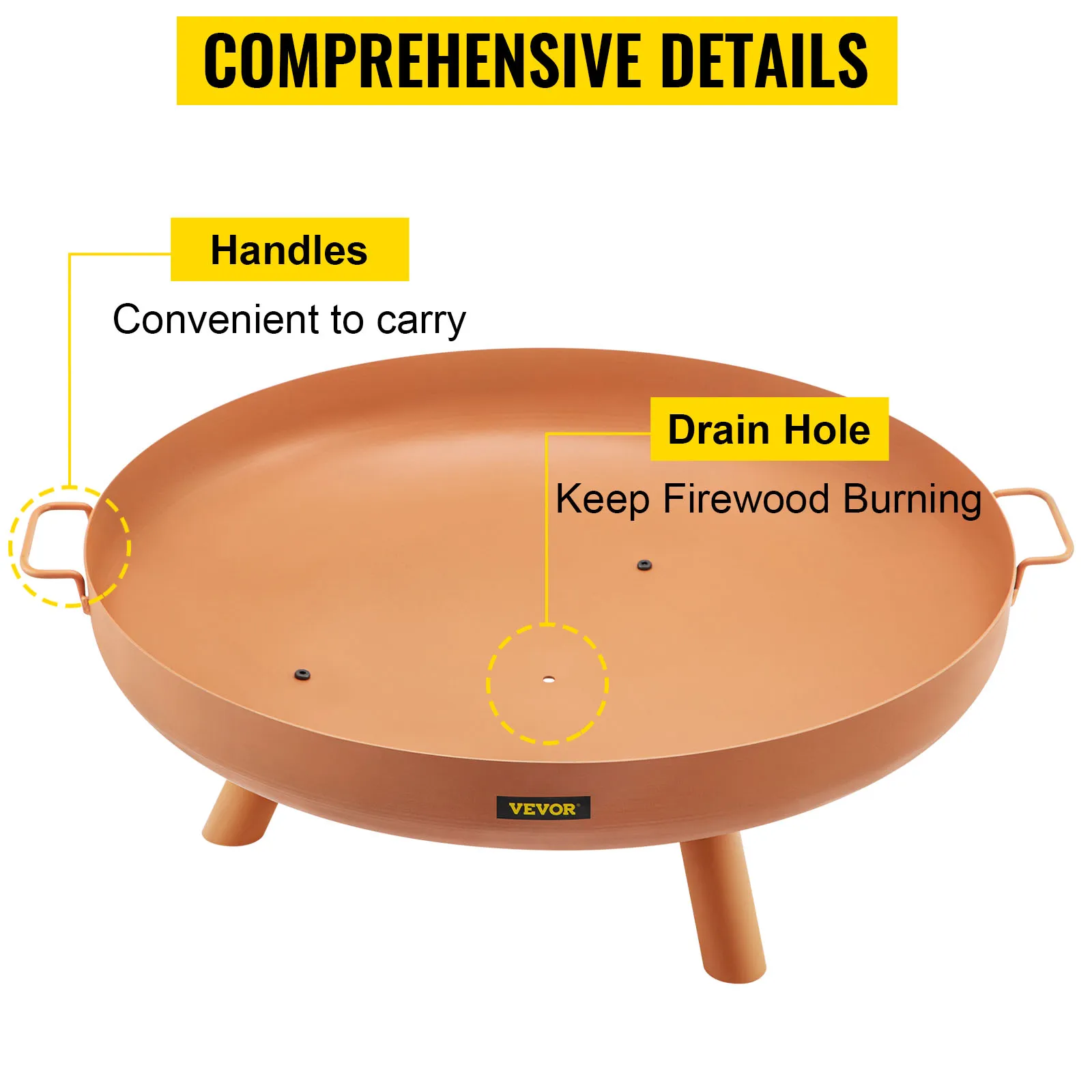 VEVOR fire pit bowl with handles and drain hole for convenience and firewood burning.