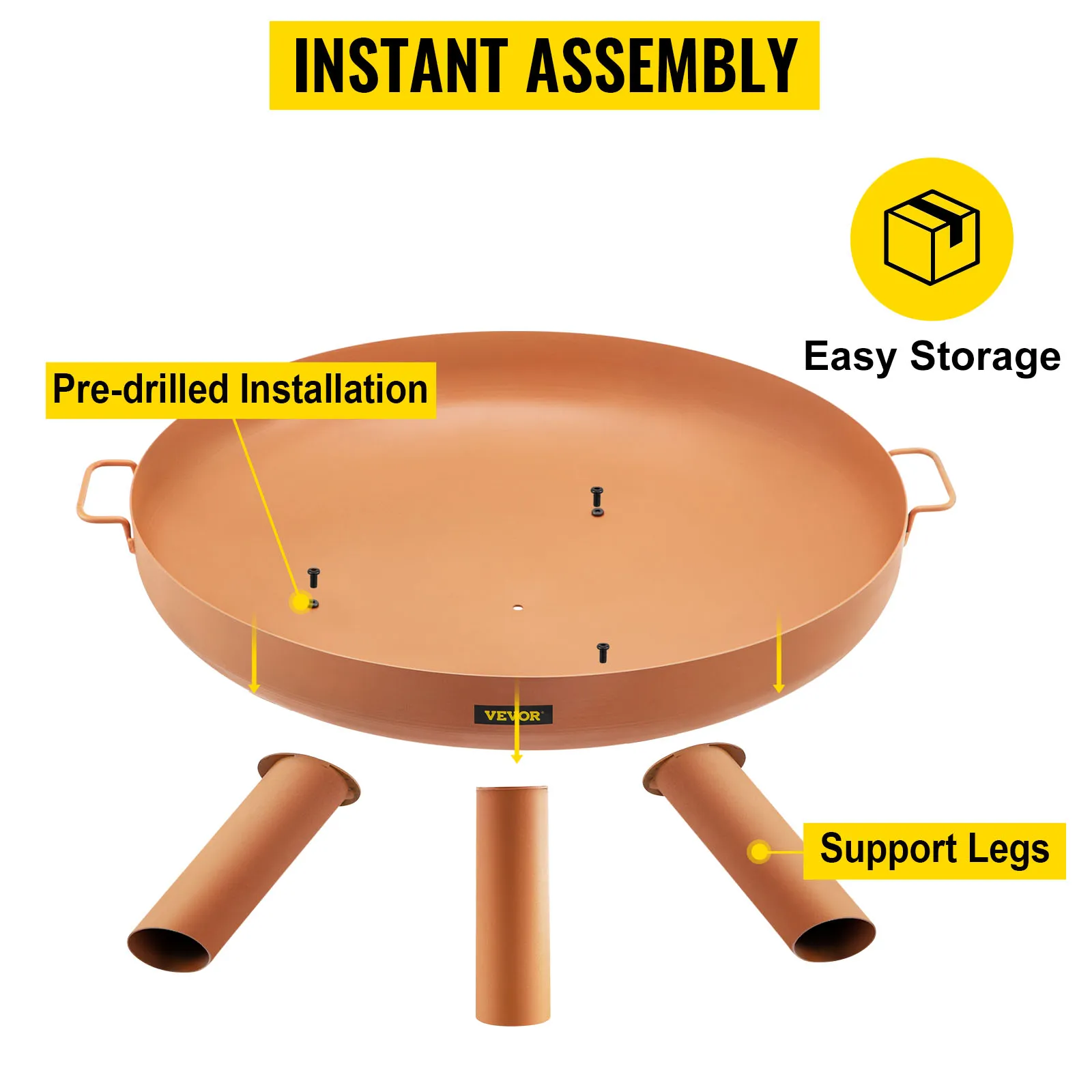VEVOR fire pit bowl with pre-drilled installation and support legs for easy assembly.