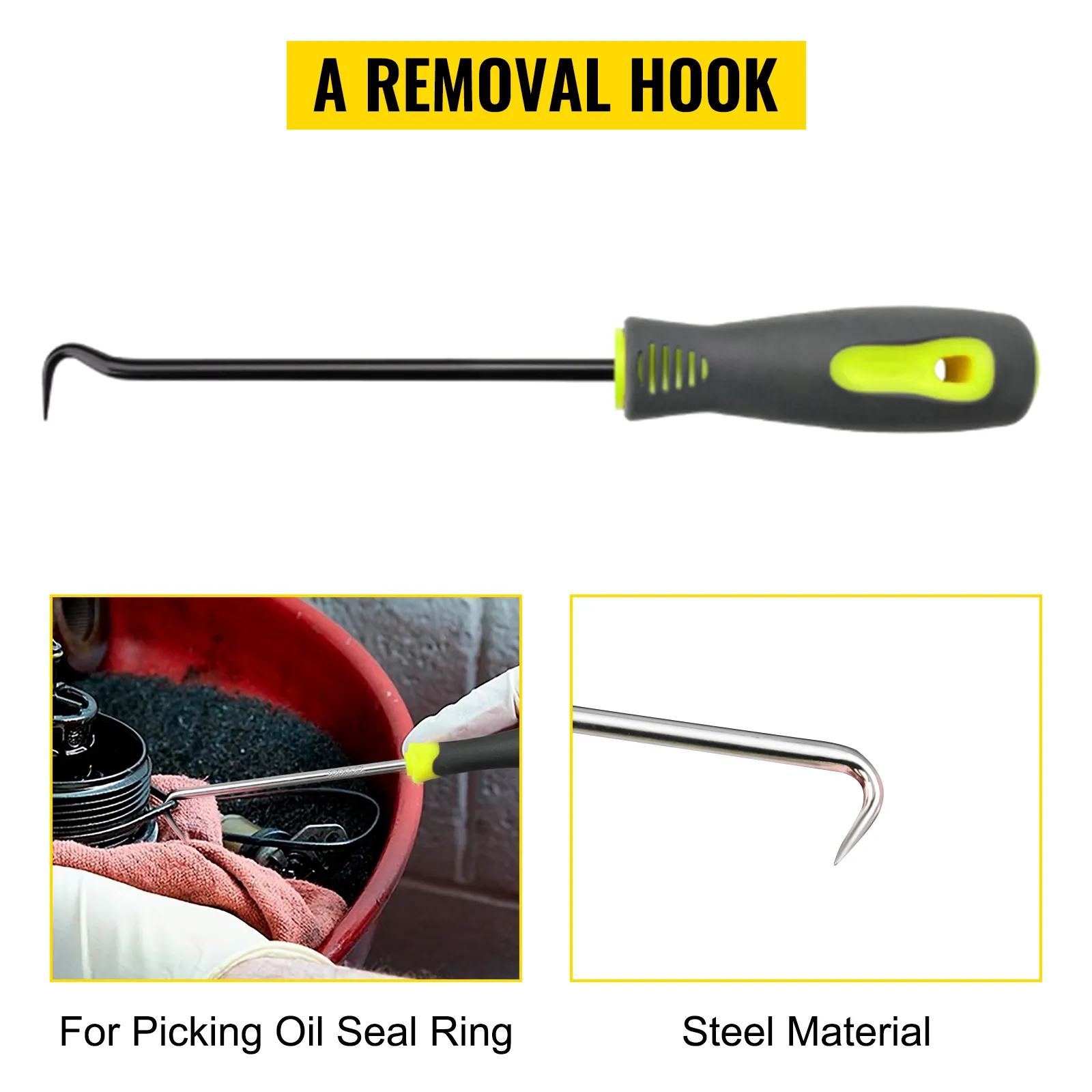 a removal hook for picking oil seal rings, featuring a steel build and ergonomic handle.