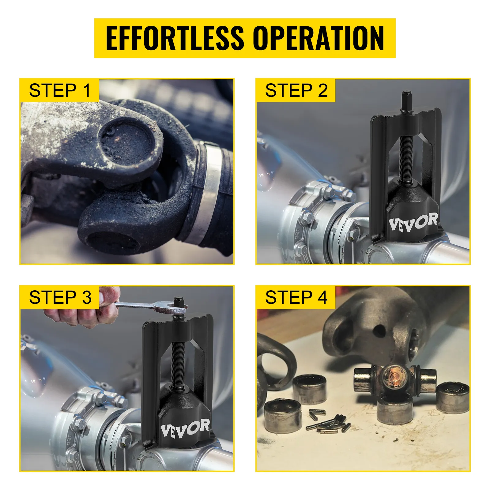 VEVOR u joint puller used in 4 steps for easy u joint removal.