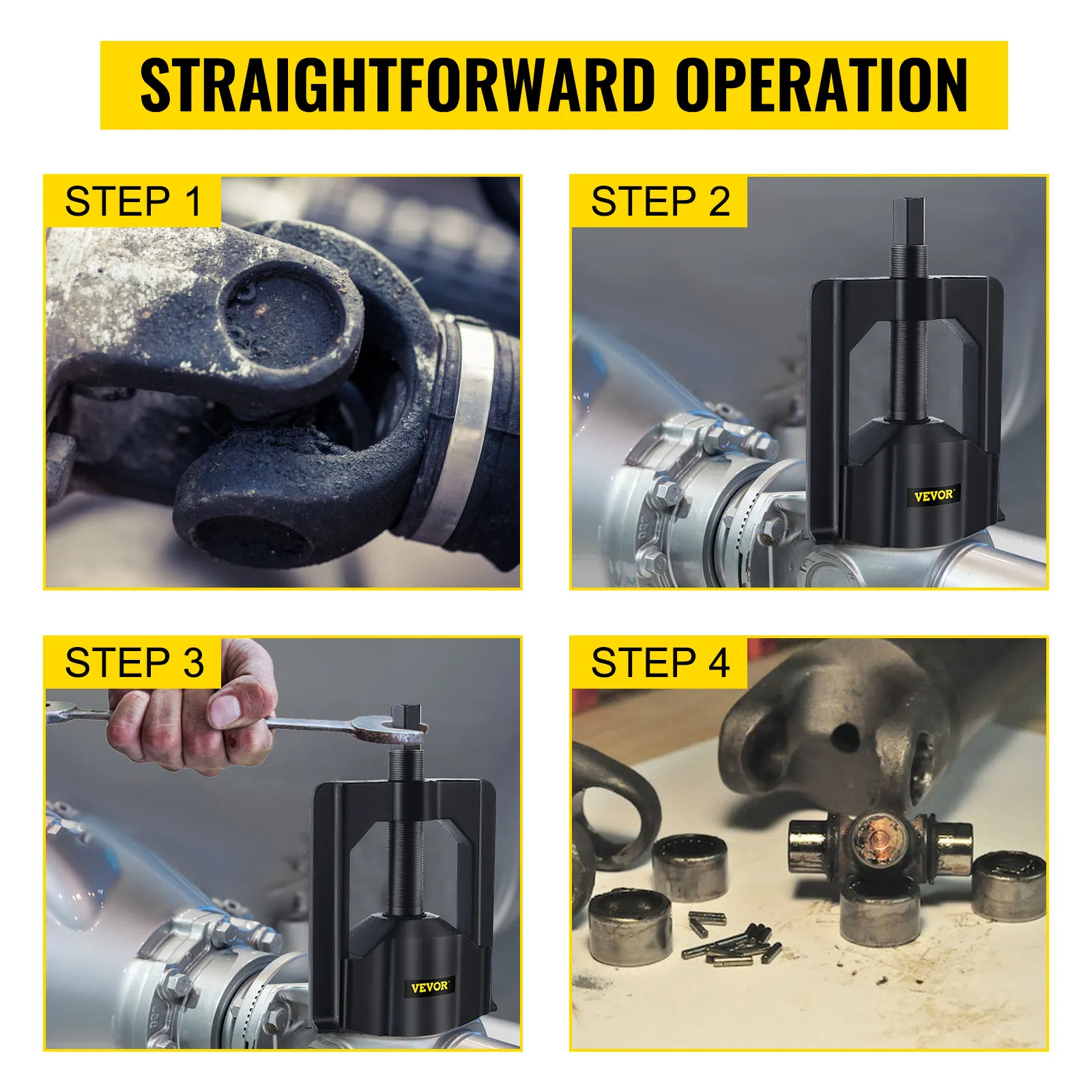 VEVOR u joint puller in four-step guide showing the tool's usage on a u-joint.