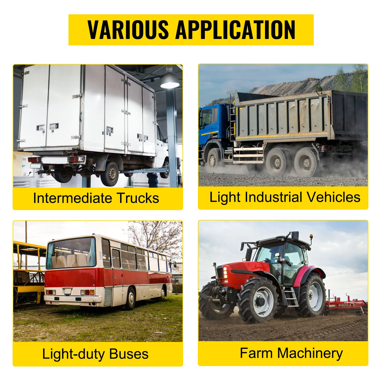 various uses of VEVOR u joint puller: trucks, industrial vehicles, buses, machinery.