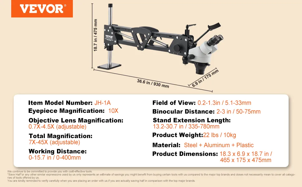 VEVOR microscope 7x-45x, model jh-1a with 10x eyepiece, adjustable stand, and detailed specifications.