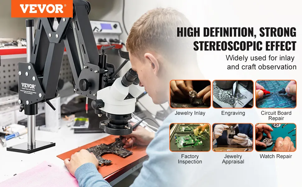 VEVOR microscope 7x-45x in use for jewelry inlay, engraving, circuit board repair, and inspection.