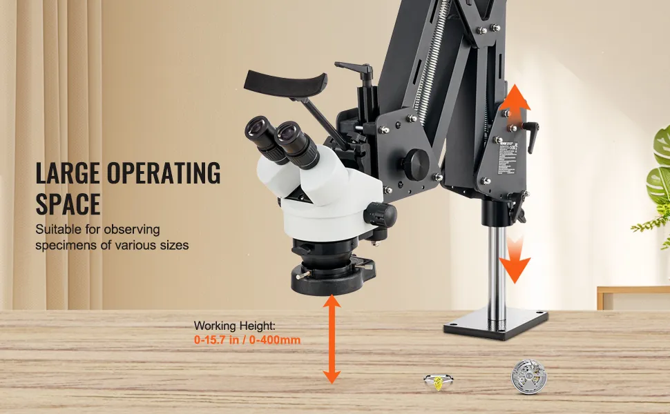 VEVOR microscope 7x-45x with adjustable arm for large operating space on a wooden table.