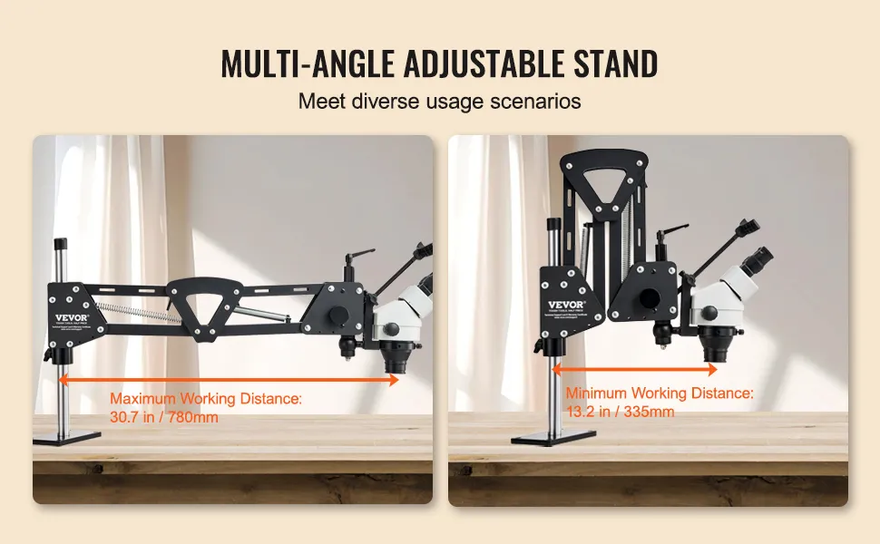 VEVOR microscope 7x-45x adjustable stand, showcasing maximum and minimum working distances.