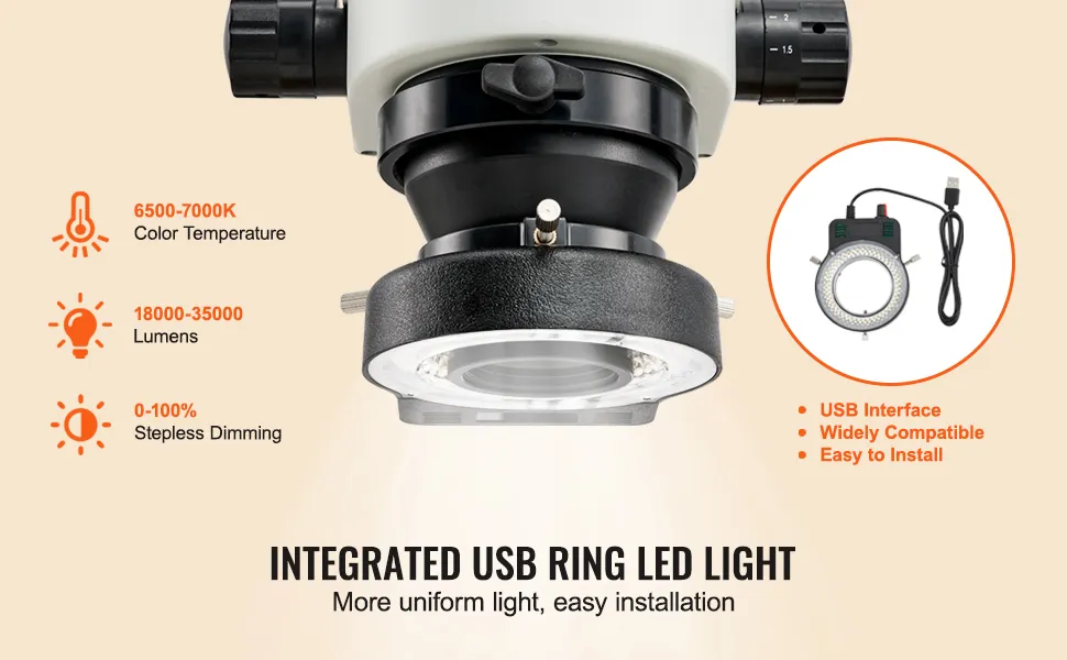 VEVOR microscope 7x-45x with integrated usb ring led light, dimming control, 6500-7000k color temperature.