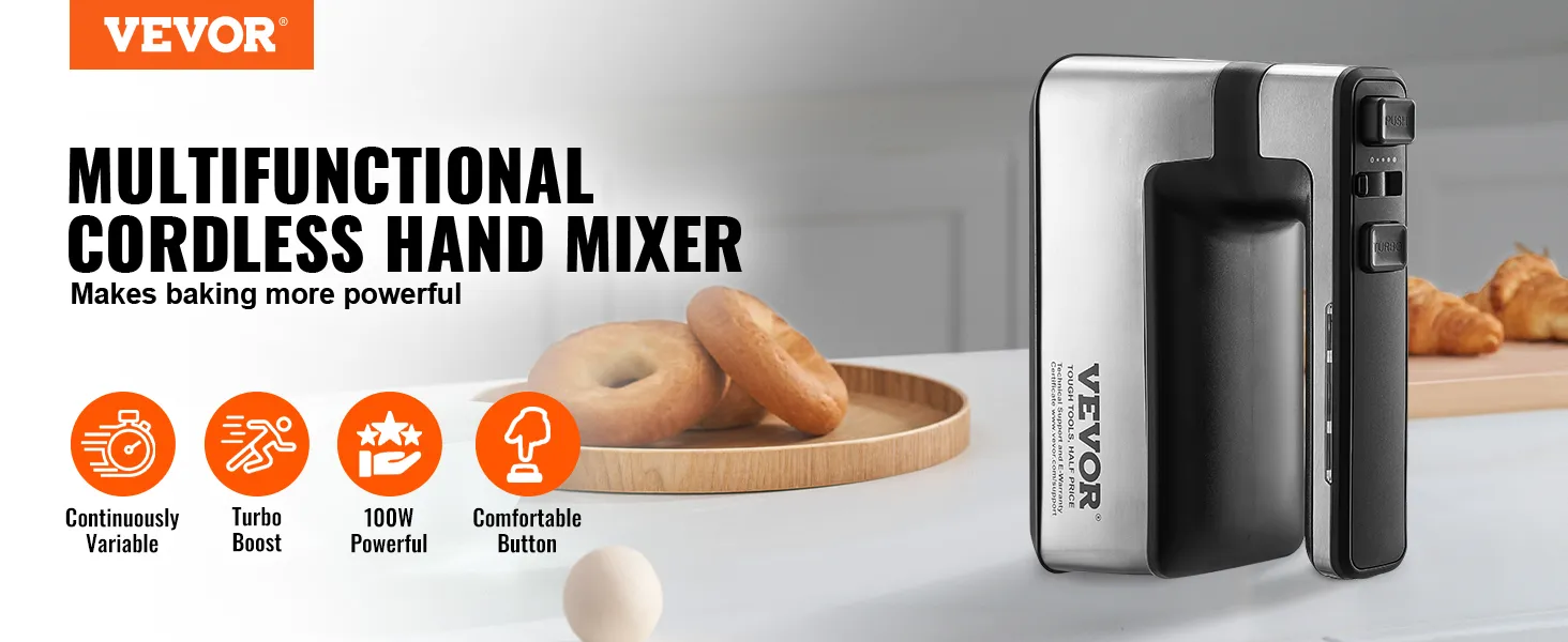 VEVOR Cordless Electric Hand Mixer, 100W, Continuously Variable Electric Handheld Mixer, with Turbo Boost Beaters Dough Hooks Storage Bag, Baking Supplies for Whipping Mixing Egg Cookie Cake Cream