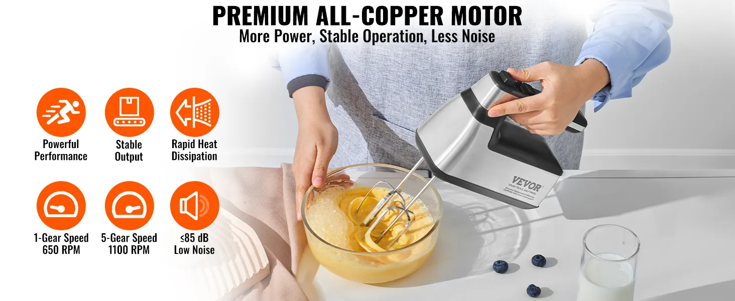 VEVOR Cordless Electric Hand Mixer, 100W, Continuously Variable Electric Handheld Mixer, with Turbo Boost Beaters Dough Hooks Storage Bag, Baking Supplies for Whipping Mixing Egg Cookie Cake Cream