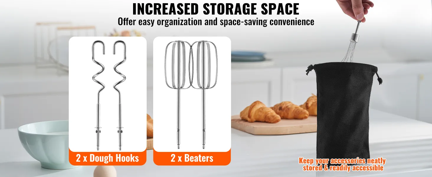 VEVOR Cordless Electric Hand Mixer, 100W, Continuously Variable Electric Handheld Mixer, with Turbo Boost Beaters Dough Hooks Storage Bag, Baking Supplies for Whipping Mixing Egg Cookie Cake Cream