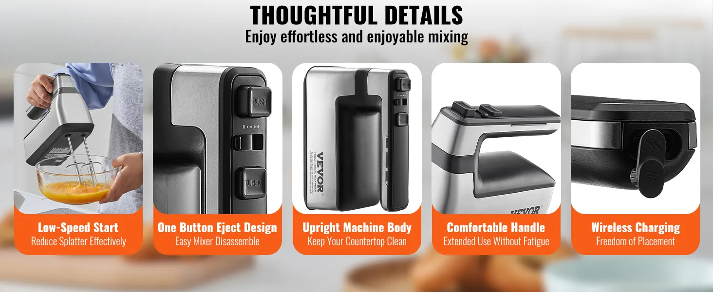 VEVOR Cordless Electric Hand Mixer, 100W, Continuously Variable Electric Handheld Mixer, with Turbo Boost Beaters Dough Hooks Storage Bag, Baking Supplies for Whipping Mixing Egg Cookie Cake Cream