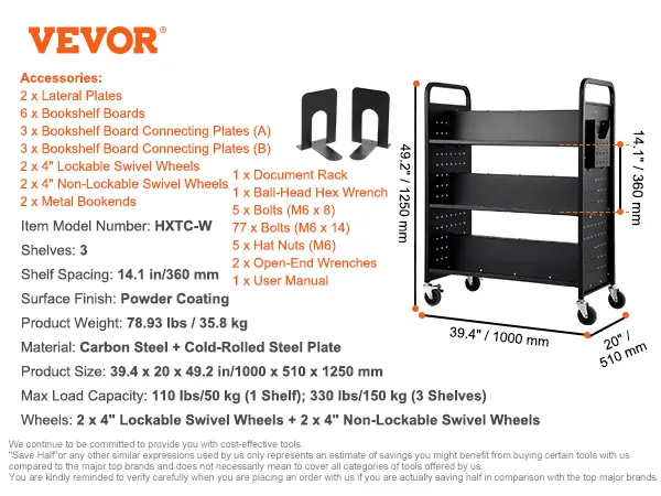 VEVOR Bücherwagen htxc-w, 3 Regale, Kohlenstoffstahl, 4 Lenkrollen, 39,4" x 20" x 49,2", maximale Tragkraft 330 lbs.