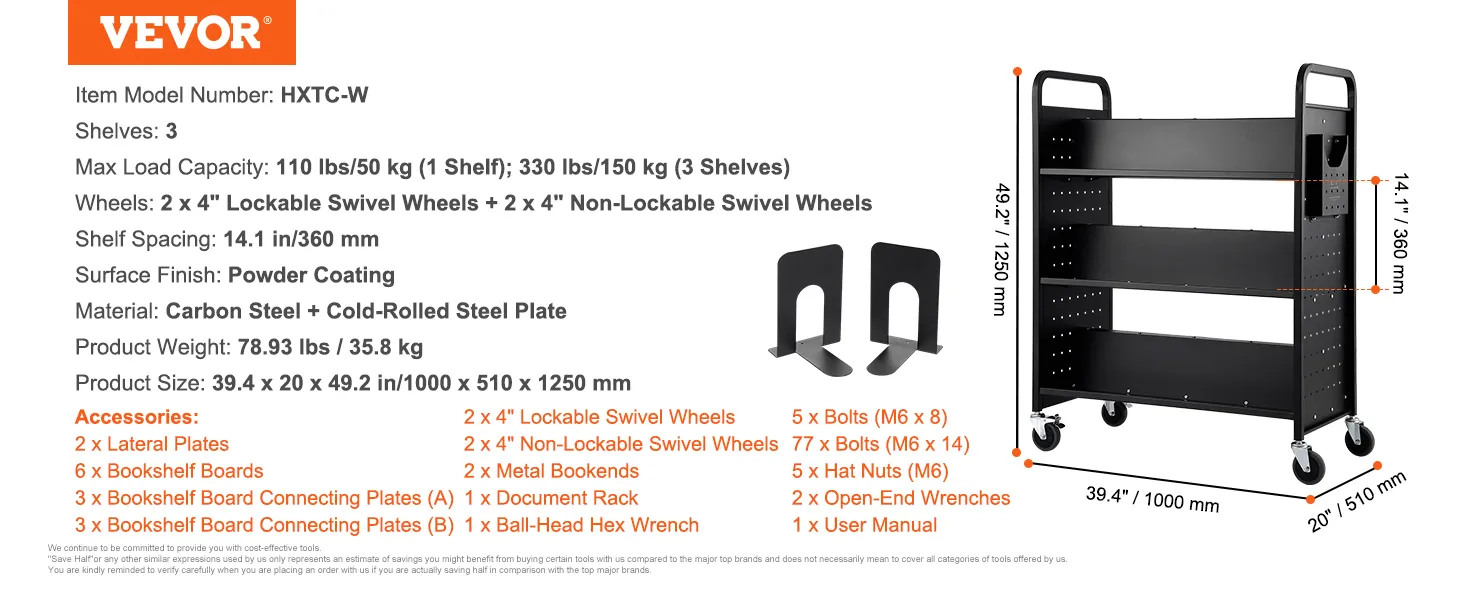VEVOR Bücherwagen htxc-w, 3 Regale, Kohlenstoffstahl, 4 Lenkrollen, 39,4" x 20" x 49,2", maximale Tragkraft 330 lbs.