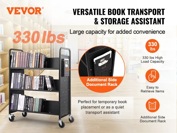 VEVOR-Bücherwagen mit einer Tragkraft von 150 kg, zusätzlichem seitlichen Dokumentenregal und einfacher Artikelentnahme in der Bibliothek.
