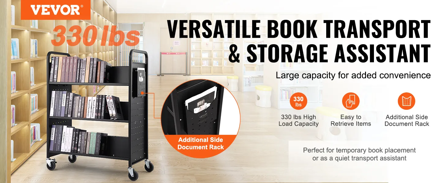 VEVOR-Bücherwagen mit einer Tragkraft von 150 kg, zusätzlichem seitlichen Dokumentenregal und einfacher Artikelentnahme in der Bibliothek.