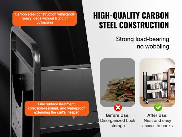VEVOR Bücherwagen aus hochwertigem Karbonstahl, starke Tragkraft, saubere Bücheraufbewahrung, kein Wackeln.