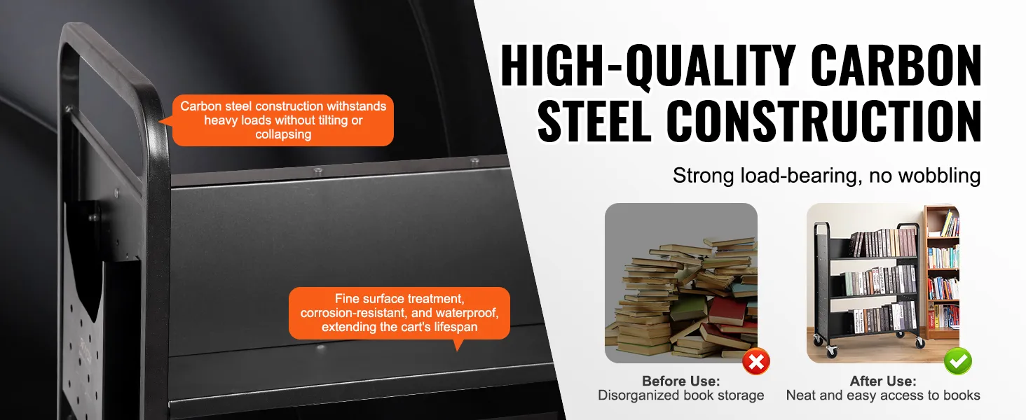 VEVOR Bücherwagen aus hochwertigem Karbonstahl, starke Tragkraft, saubere Bücheraufbewahrung, kein Wackeln.