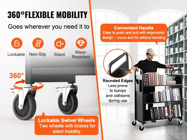 VEVOR-Bücherwagen mit 360°-Schwenkrädern, praktischem Griff und abgerundeten Kanten für flexible Mobilität.