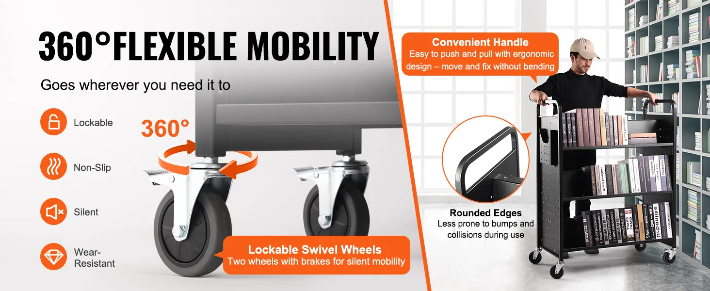 VEVOR-Bücherwagen mit 360°-Schwenkrädern, praktischem Griff und abgerundeten Kanten für flexible Mobilität.