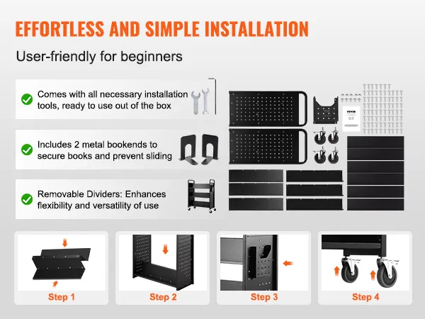Mühelose Installationsanleitung für den VEVOR-Bücherwagen mit Werkzeugen, Buchstützen, Trennwänden und einfachen Montageschritten.