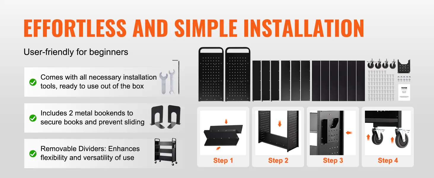 Mühelose Installationsanleitung für den VEVOR-Bücherwagen mit Werkzeugen, Buchstützen, Trennwänden und einfachen Montageschritten.