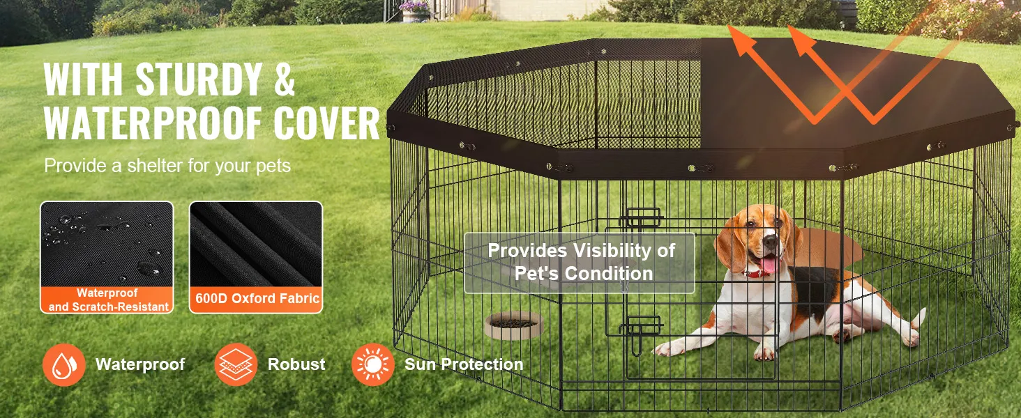 Parque de juegos para perros VEVOR con cubierta resistente e impermeable, que proporciona protección y visibilidad a las mascotas.