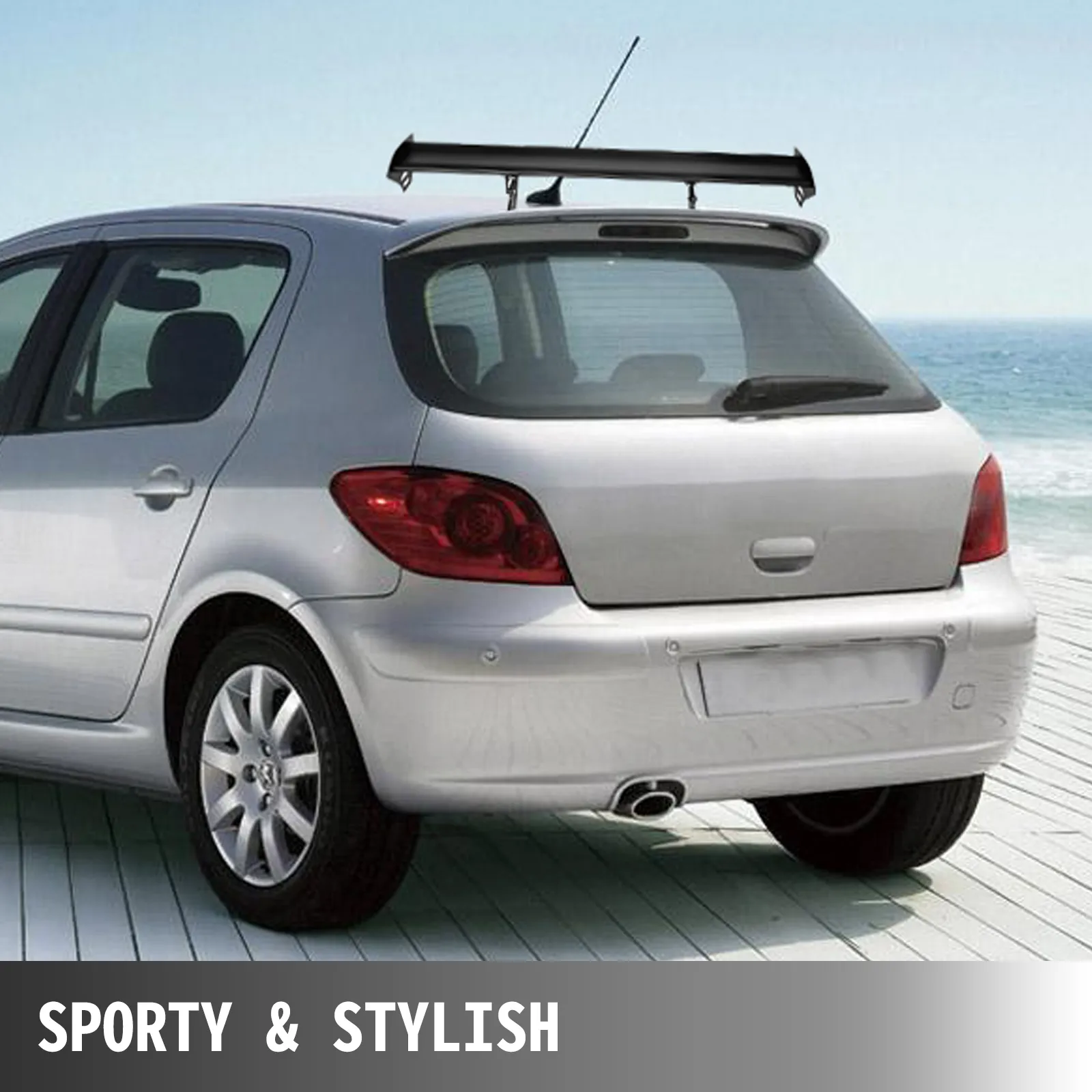 Coche compacto con alerón VEVOR gt wing, que muestra su diseño trasero deportivo y elegante.