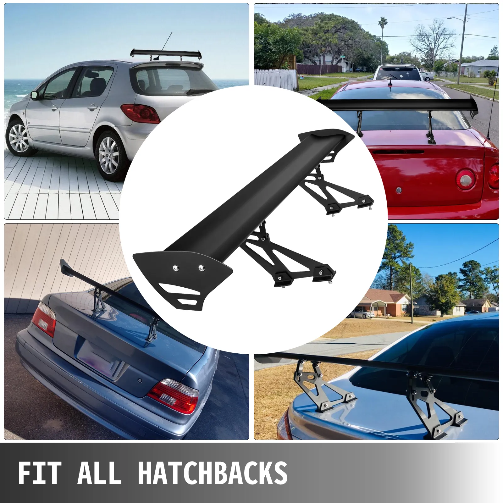 Alerón de ala VEVOR gt en varios hatchbacks con el texto "se adapta a todos los hatchbacks".