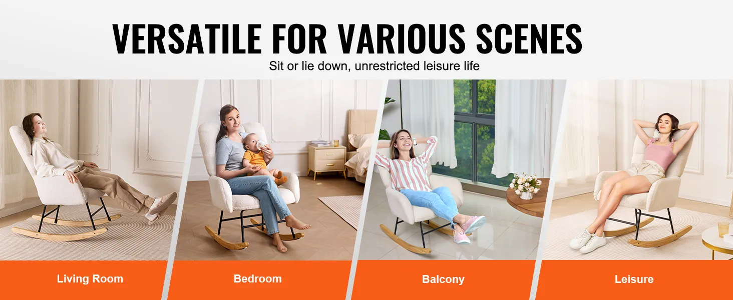 La sedia a dondolo VEVOR è versatile per soggiorno, camera da letto, balcone e spazi ricreativi.