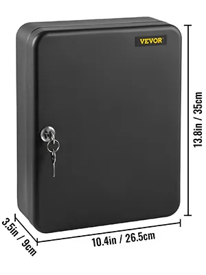 Armario para llaves VEVOR negro con dimensiones, cerradura y llaves incluidas.