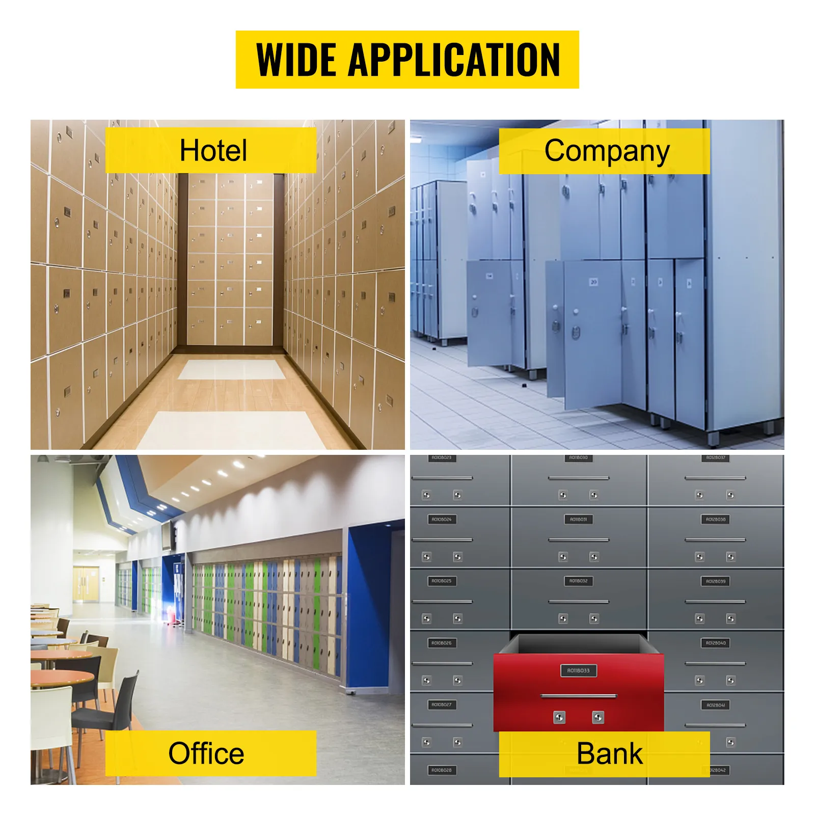 Aplicaciones de gabinetes de llaves VEVOR en hoteles, empresas, oficinas y bancos.