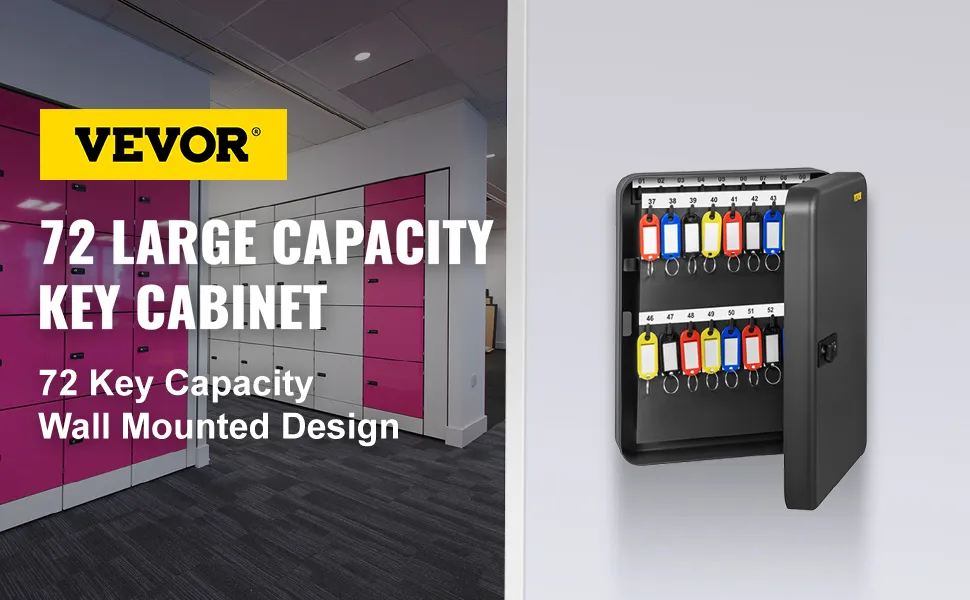 VEVOR key cabinet with 72 key capacity, wall-mounted design, near pink and white lockers.