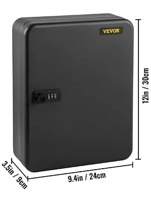 VEVOR key cabinet, black, with combination lock, 12in x 9.4in x 3.5in dimensions.