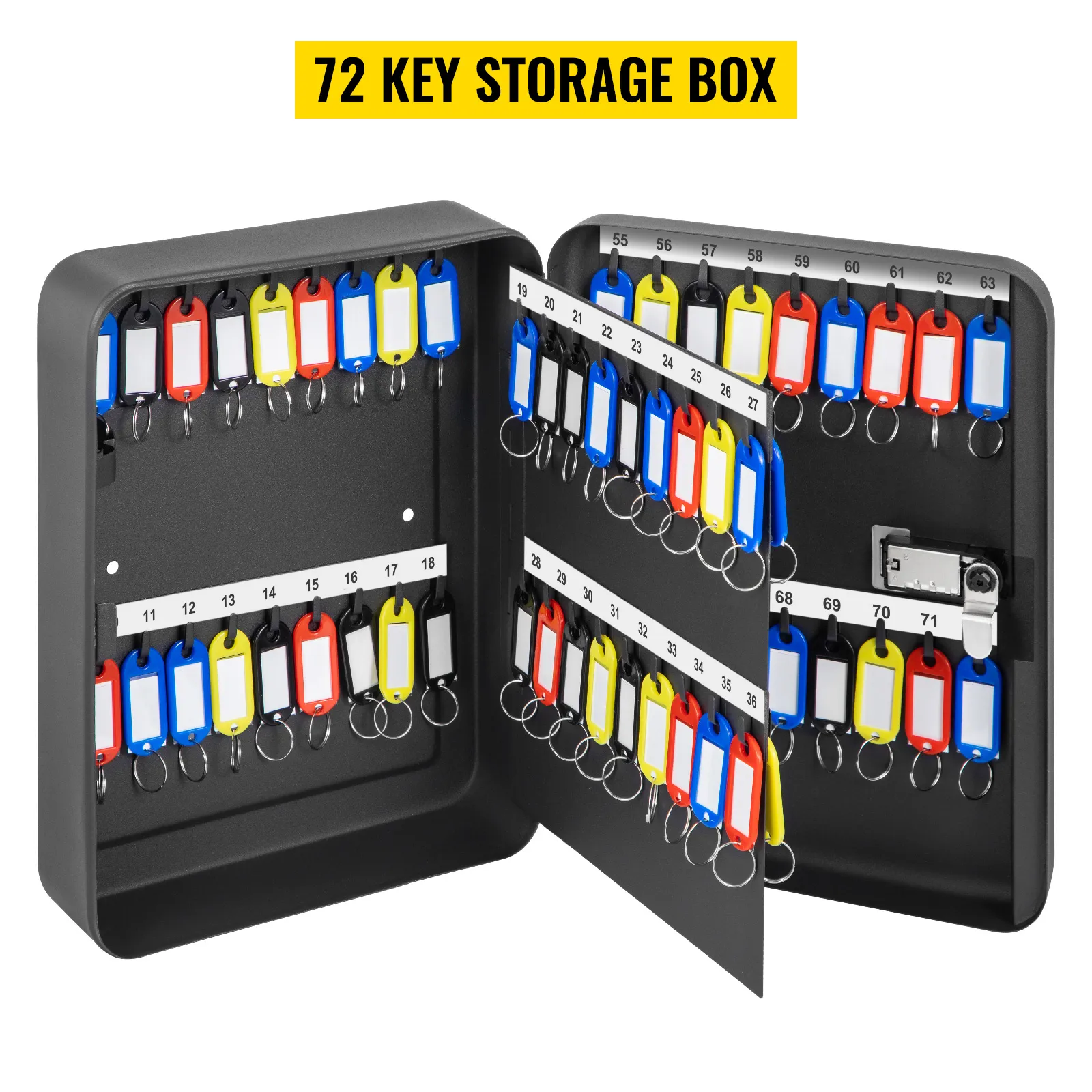 VEVOR key cabinet with 72 slots, colorful key tags, and a lock.
