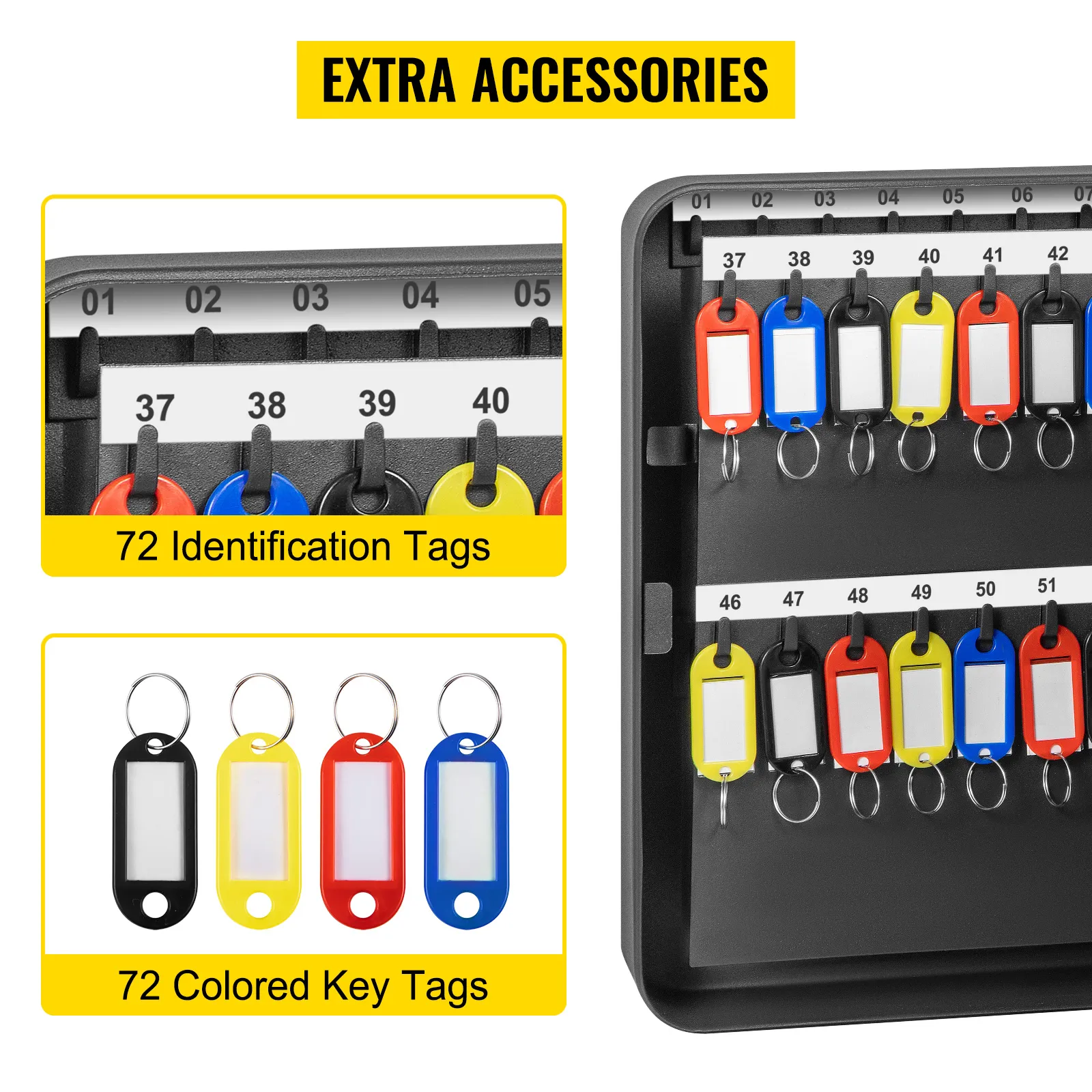 VEVOR key cabinet with 72 identification and colored key tags for organized storage.