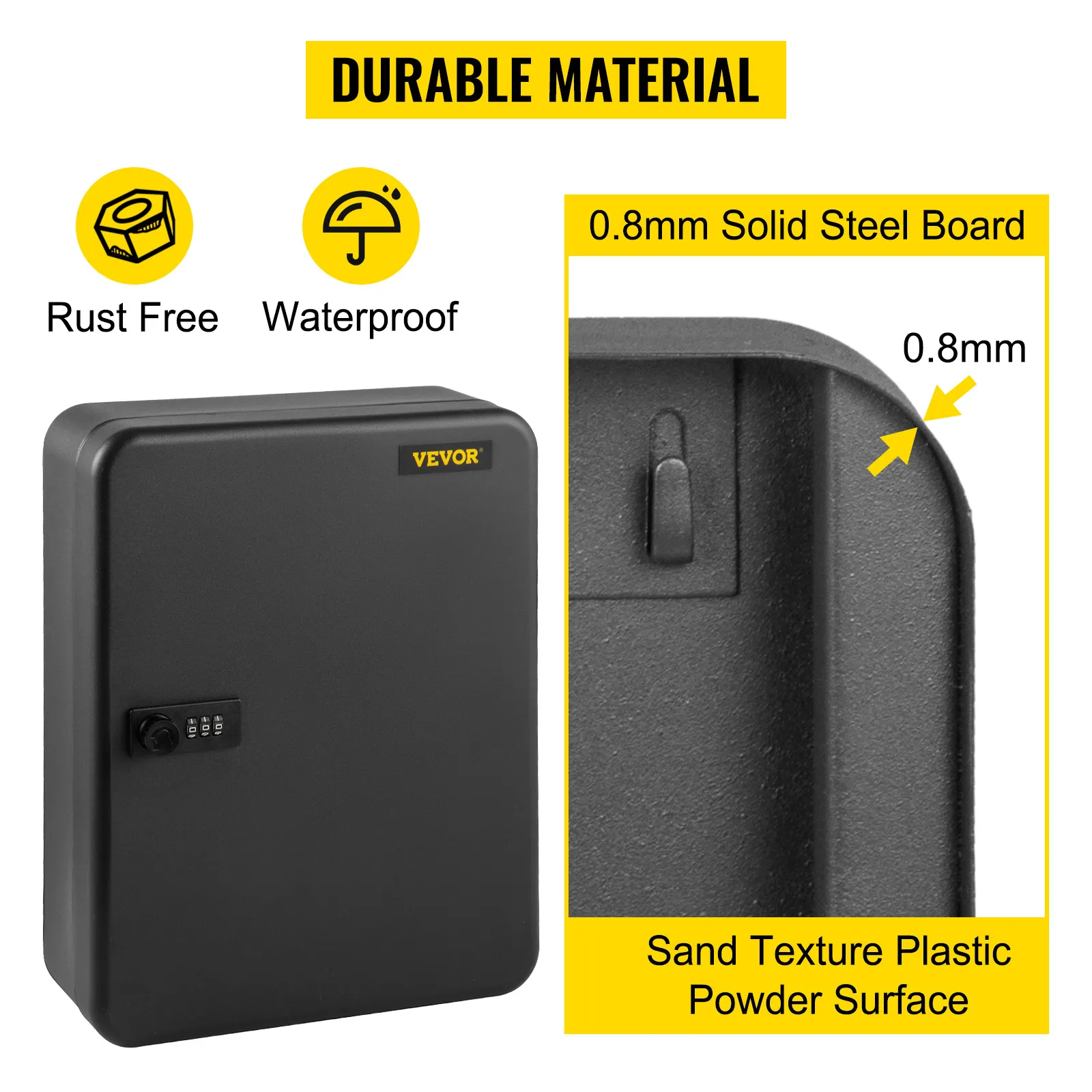 VEVOR key cabinet, rust free, waterproof, 0.8mm solid steel with sand texture surface.