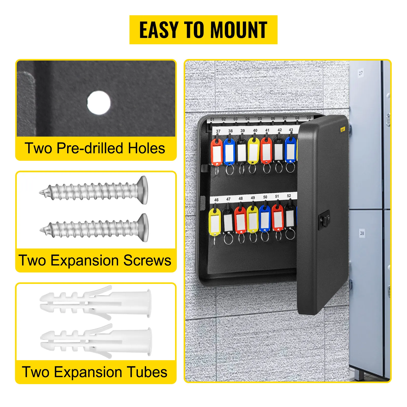 VEVOR key cabinet with pre-drilled holes, expansion screws, and tubes for easy mounting.