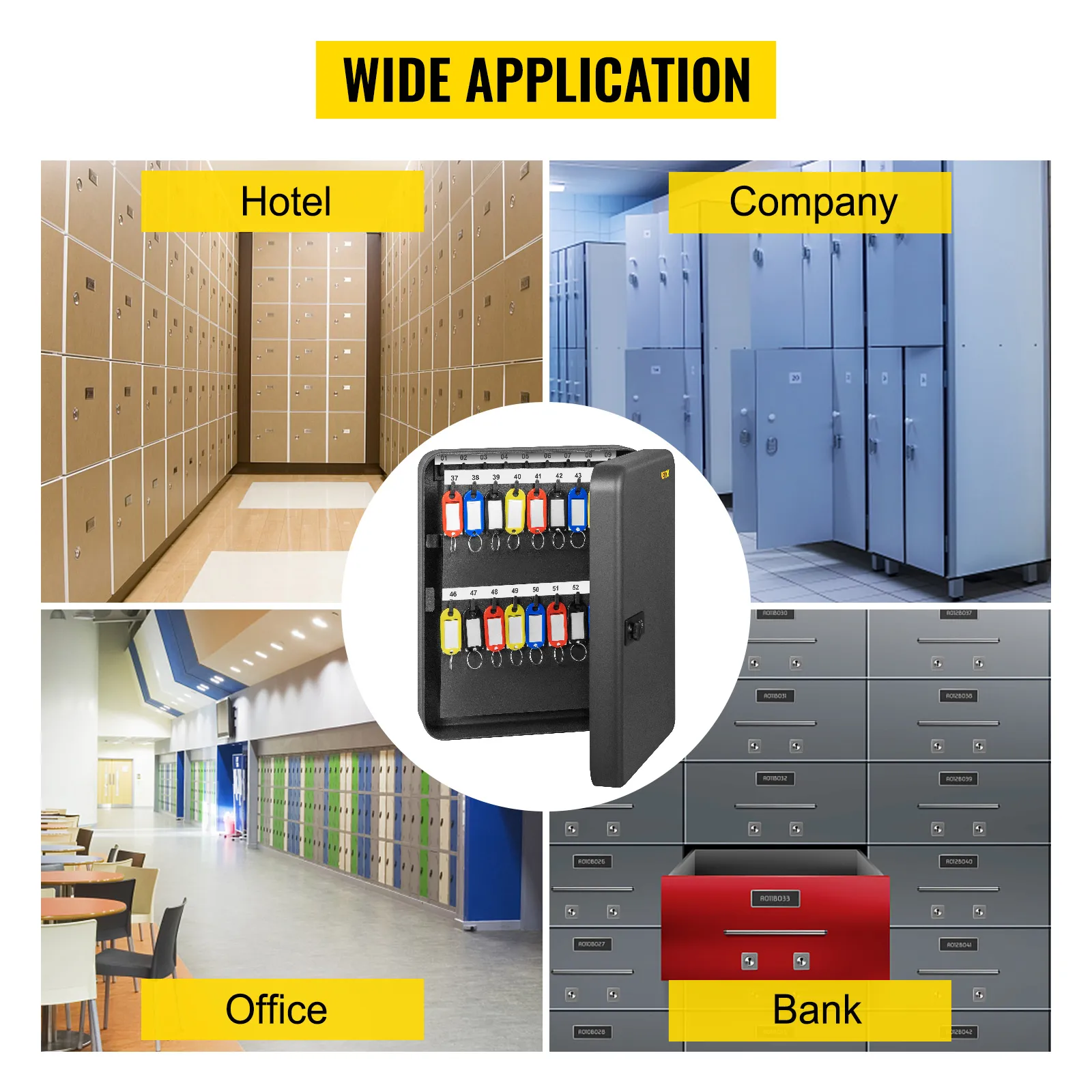 wide application of VEVOR key cabinet in hotel, company, office, and bank settings.