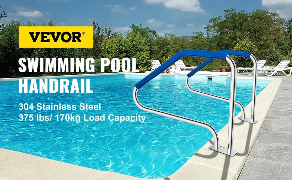 VEVOR-Poolhandlauf neben einem klaren Swimmingpool mit Liegestühlen im Hintergrund.