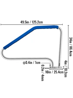 VEVOR-Poolhandlauf mit hervorgehobenen Abmessungen: 49,5 Zoll Länge, 34 Zoll Höhe.