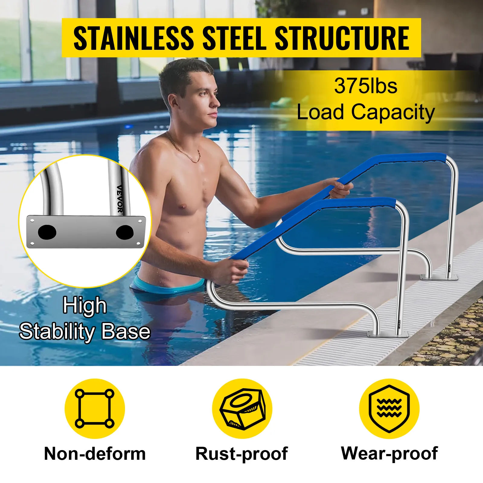 VEVOR-Poolhandlauf mit Edelstahlkonstruktion, Tragfähigkeit 160 kg, hochstabile Basis.