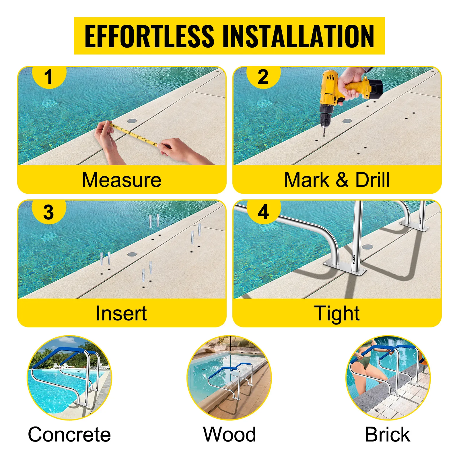 Mühelose Installation des VEVOR-Poolhandlaufs auf Beton-, Holz- und Ziegeloberflächen.