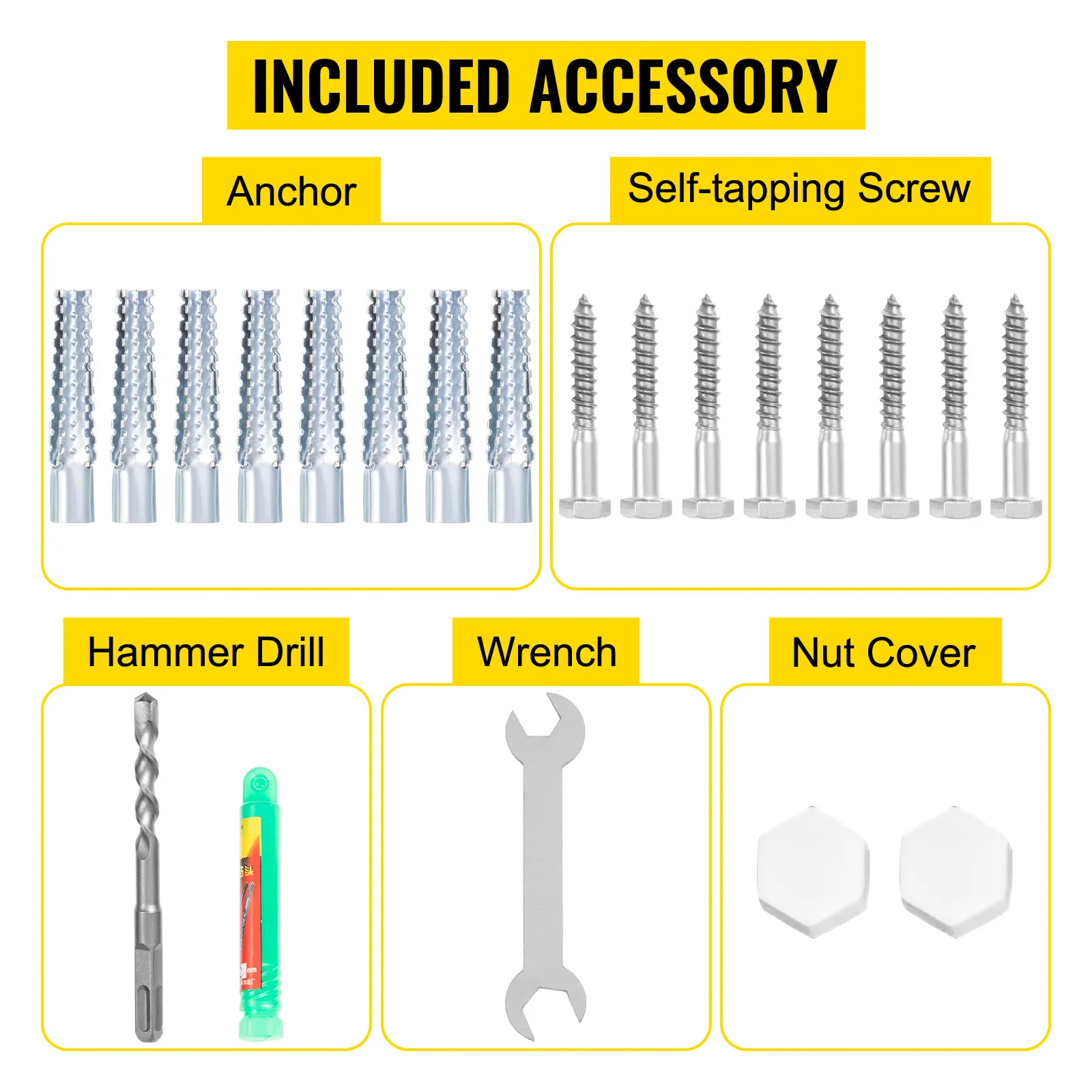 VEVOR-Zubehörset zur Installation von Poolhandläufen mit Dübeln, Schrauben, Bohrer, Schraubenschlüssel und Mutternabdeckungen.