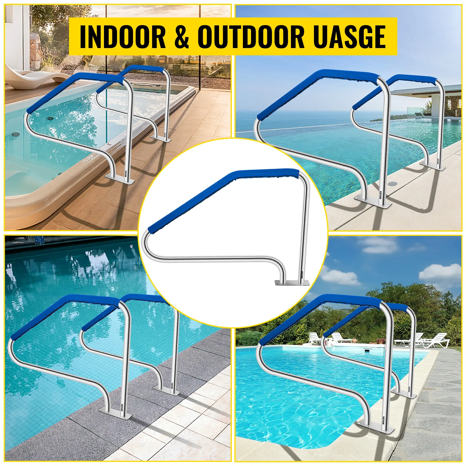 VEVOR Poolhandlauf für Innen- und Außenpools mit blauem Griff, abgebildet in verschiedenen Einstellungen.