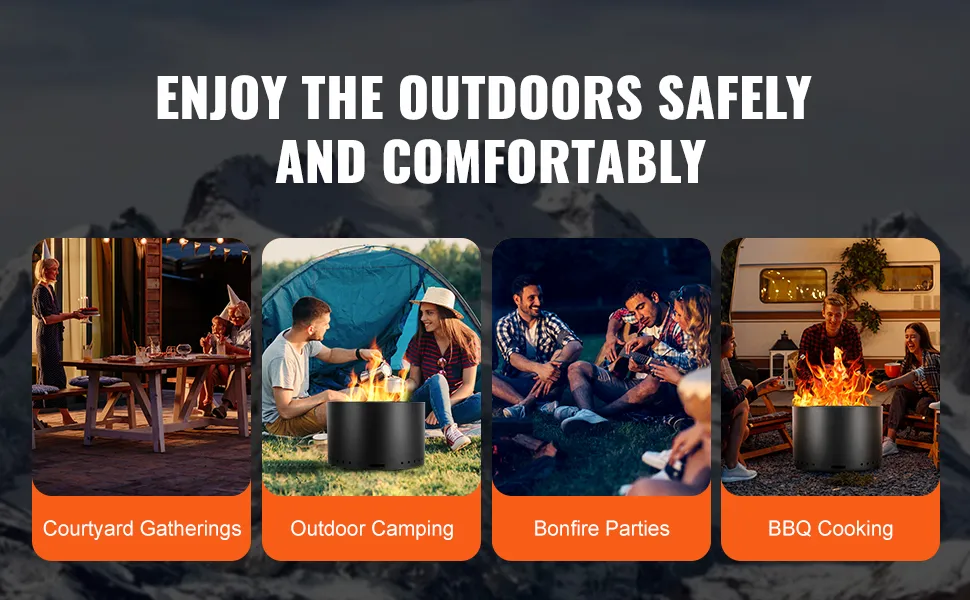 enjoy outdoor activities with the VEVOR smokeless fire pit, ideal for gatherings, camping, and bbq cooking.