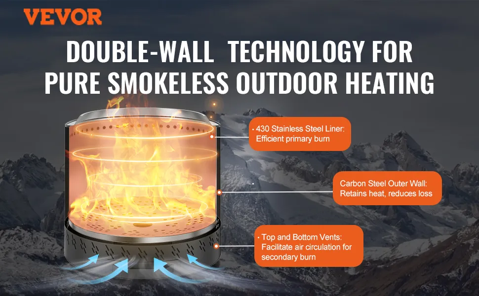Braciere senza fumo VEVOR con tecnologia a doppia parete per un riscaldamento esterno efficiente e senza fumo.